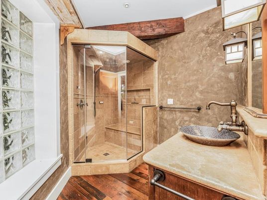 Bathroom, Glass Shower, Interior, Recessed Lighting, Wood Texture Flooring