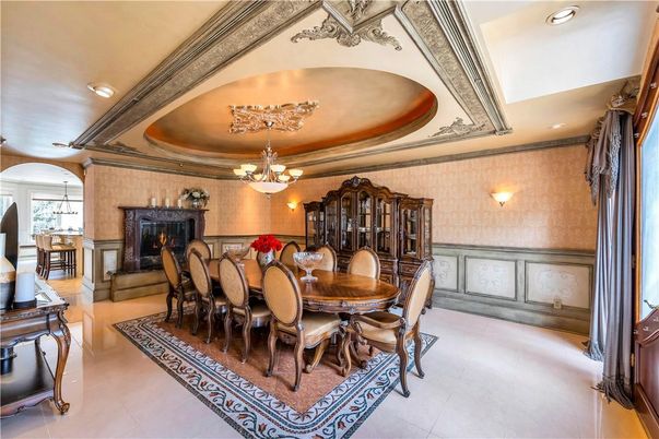 Chandelier, Dining room, Fireplace, Interior, Recessed Lighting