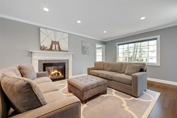 Fireplace, Interior, Living room, Recessed Lighting, Wood Texture Flooring