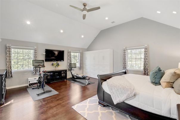 Bedroom, Fitness Equipment, Interior, Recessed Lighting, Wood Texture Flooring