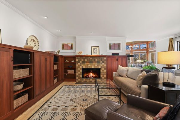 Fireplace, Interior, Living room, Recessed Lighting, Wood Texture Flooring