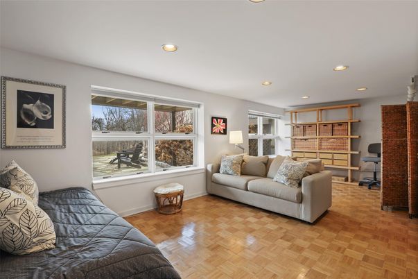 Home Office, Interior, Living room, Recessed Lighting, Wood Texture Flooring