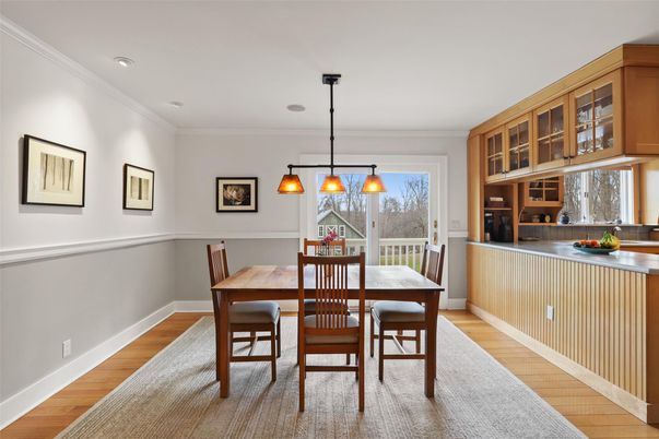 Dining room, Interior, Pendant Lights, Recessed Lighting, Wood Texture Flooring