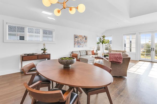 Dining room, Interior, Living room, Recessed Lighting, Wood Texture Flooring