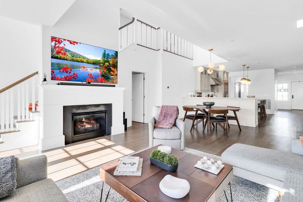 Dining room, Fireplace, Interior, Kitchen, Living room, Pendant Lights, Recessed Lighting, Wood Texture Flooring