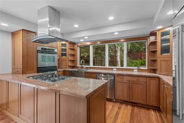 Interior, Kitchen, Recessed Lighting, Stainless Steel Appliances, Wood Texture Flooring