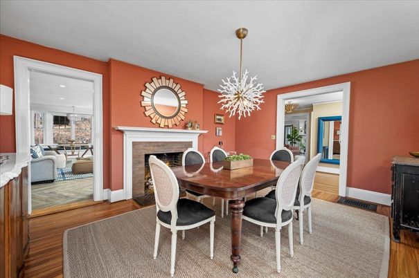 Dining room, Fireplace, Interior, Pendant Lights, Recessed Lighting, Wood Texture Flooring