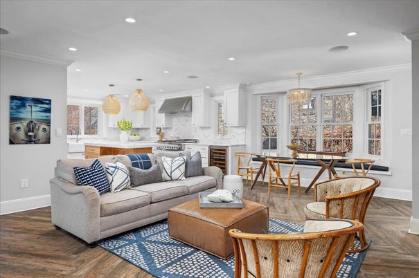 Chandelier, Dining room, Interior, Kitchen, Living room, Pendant Lights, Recessed Lighting, Wood Texture Flooring