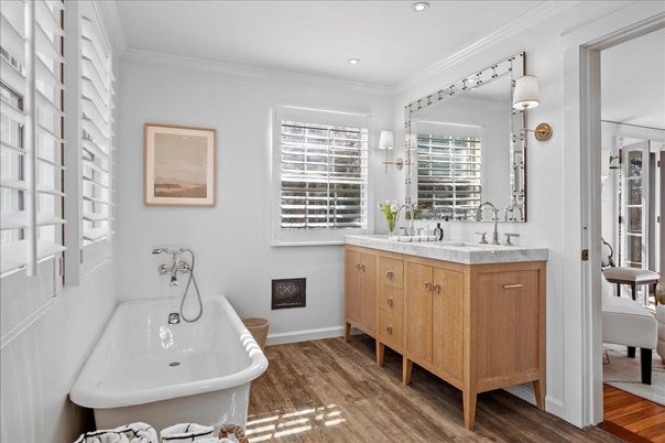 Bathroom, Dual Sink Vanities, Free Standing Baths, Interior, Recessed Lighting, Wood Texture Flooring