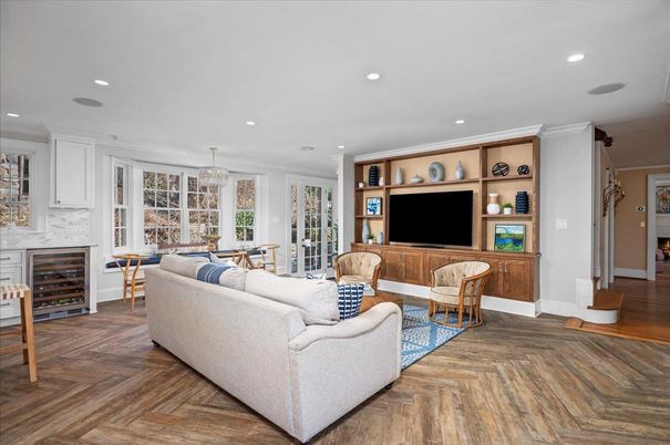 Dining room, Fireplace, Interior, Living room, Pendant Lights, Recessed Lighting, Wood Texture Flooring