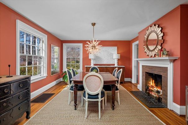 Dining room, Fireplace, Interior, Pendant Lights, Wood Texture Flooring