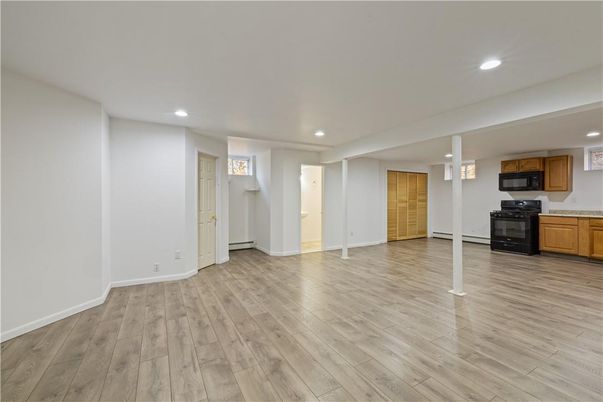Empty room, Interior, Kitchen, Recessed Lighting, Wood Texture Flooring