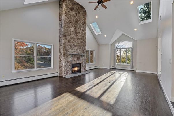 Empty room, Fireplace, Interior, Recessed Lighting, Wood Texture Flooring