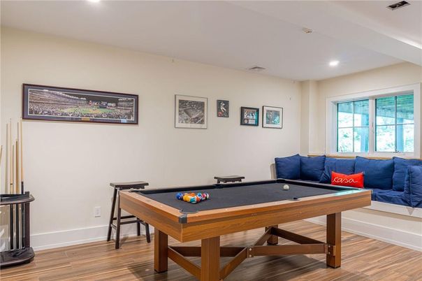 Billiard Table, Game Room, Interior, Recessed Lighting, Wood Texture Flooring