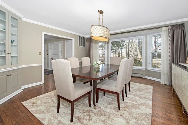 Dining room, Interior, Pendant Lights, Wood Texture Flooring