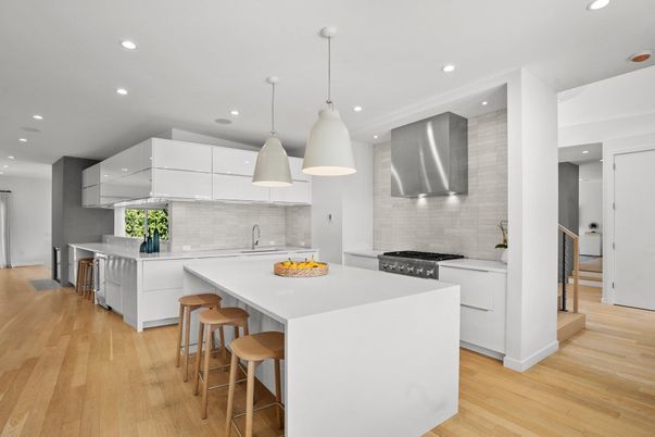 Interior, Kitchen, Pendant Lights, Recessed Lighting, Stainless Steel Appliances, Wood Texture Flooring