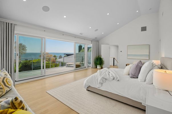 Bedroom, Interior, Recessed Lighting, Water, Wood Texture Flooring