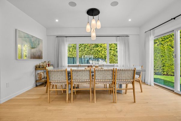 Dining room, Interior, Pendant Lights, Recessed Lighting, Wood Texture Flooring