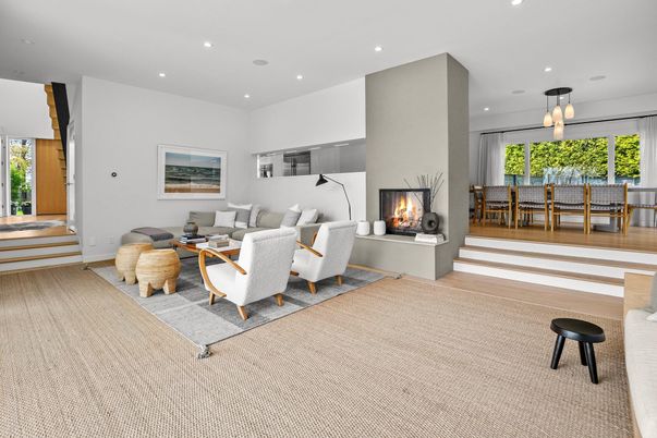 Dining room, Fireplace, Interior, Living room, Pendant Lights, Recessed Lighting, Wood Texture Flooring