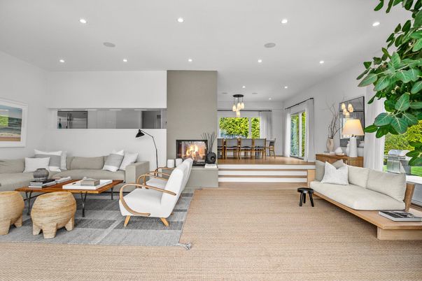 Dining room, Fireplace, Interior, Living room, Pendant Lights, Recessed Lighting