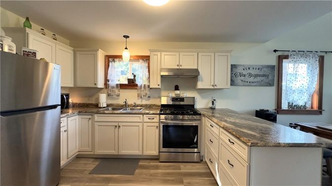 Interior, Kitchen, Pendant Lights, Stainless Steel Appliances, Wood Texture Flooring