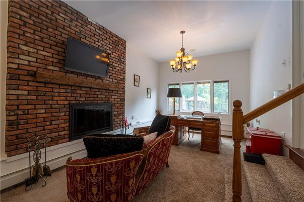 Chandelier, Fireplace, Home Office, Interior, Stone Walls