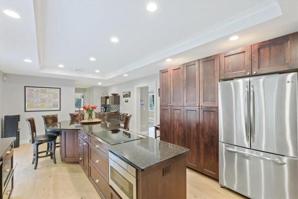 Dining room, Interior, Kitchen, Recessed Lighting, Stainless Steel Appliances, Wood Texture Flooring