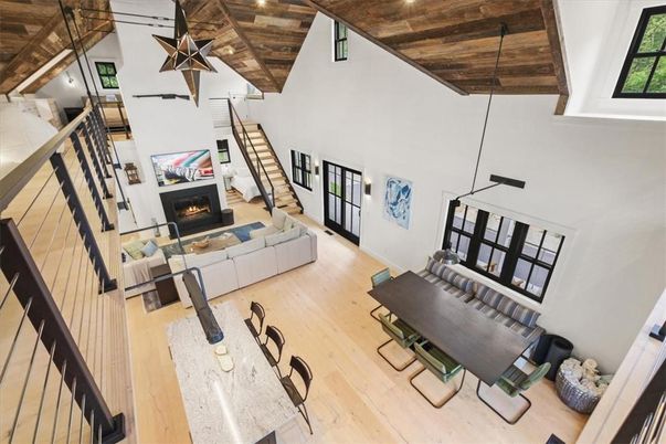 Fireplace, Interior, Living room, Pendant Lights, Recessed Lighting, Wooden Beams, Wooden Ceilings, Wood Texture Flooring