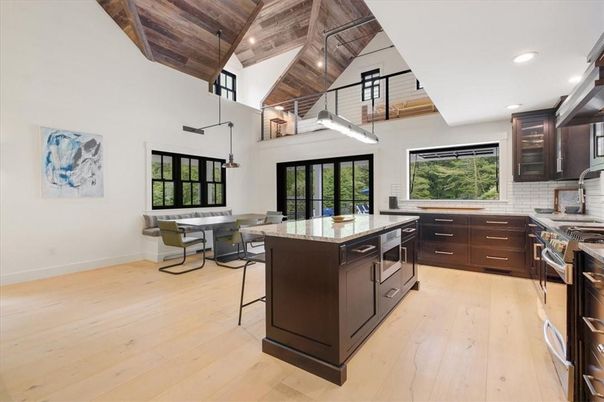 Dining room, Interior, Kitchen, Pendant Lights, Recessed Lighting, Stainless Steel Appliances, Wooden Beams, Wooden Ceilings, Wood Texture Flooring