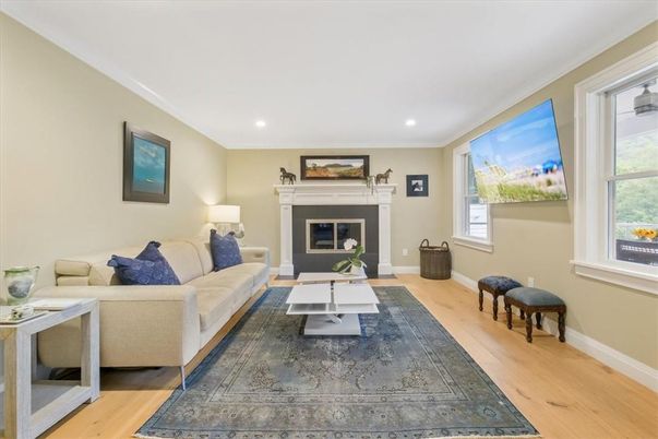 Fireplace, Interior, Living room, Recessed Lighting, Wood Texture Flooring