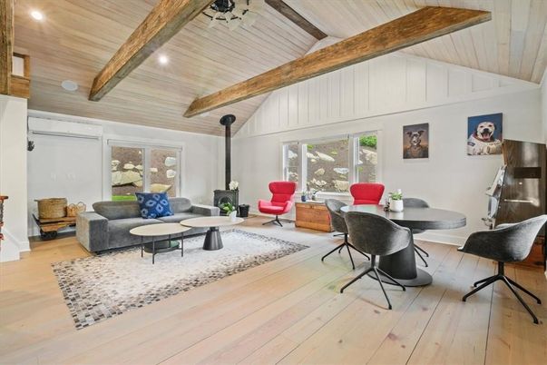 Dining room, Interior, Living room, Recessed Lighting, Wooden Beams, Wooden Ceilings, Wood Texture Flooring