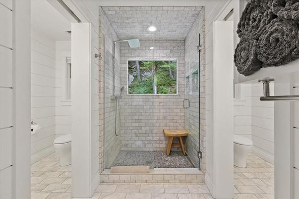 Bathroom, Glass Shower, Interior, Marble, Recessed Lighting