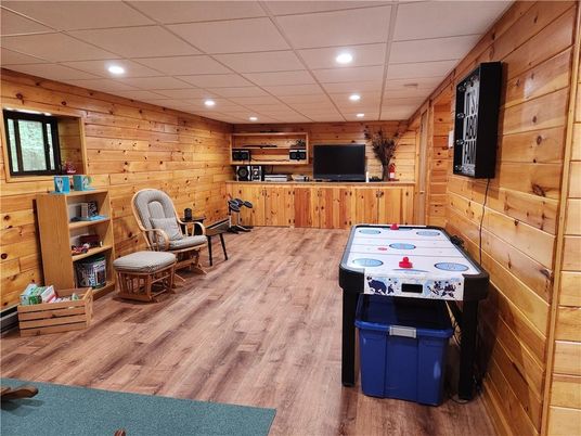 Game Room, Interior, Recessed Lighting, Wood Texture Flooring, Wooden Walls
