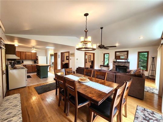 Dining room, Fireplace, Interior, Kitchen, Living room, Pendant Lights, Recessed Lighting, Wood Texture Flooring