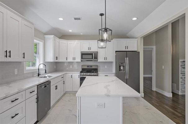 Interior, Kitchen, Marble, Pendant Lights, Recessed Lighting, Stainless Steel Appliances