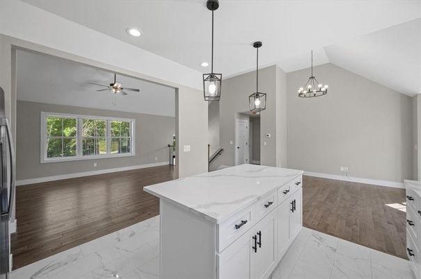 Interior, Kitchen, Marble, Pendant Lights, Recessed Lighting, Wood Texture Flooring