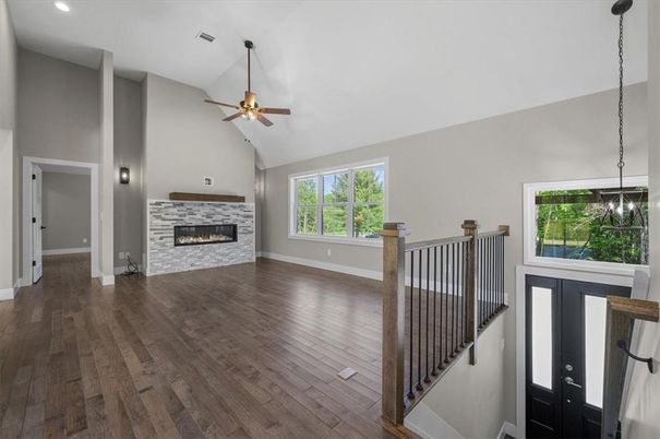 Empty room, Fireplace, Interior, Pendant Lights, Recessed Lighting, Wood Texture Flooring