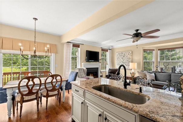 Dining room, Fireplace, Interior, Living room, Pendant Lights, Wood Texture Flooring