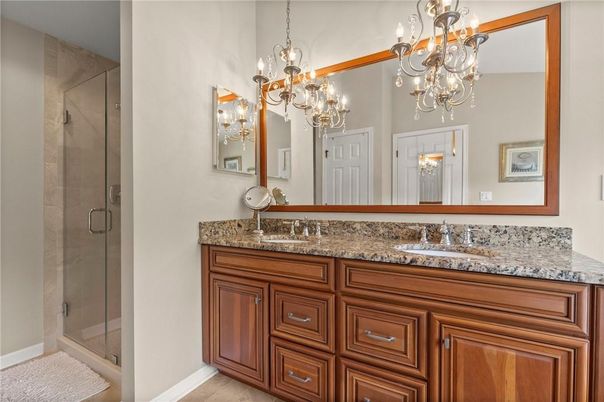 Bathroom, Chandelier, Dual Sink Vanities, Glass Shower, Interior