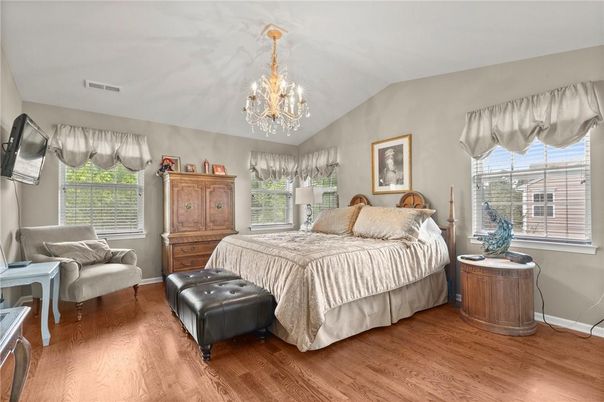 Bedroom, Chandelier, Interior, Wood Texture Flooring