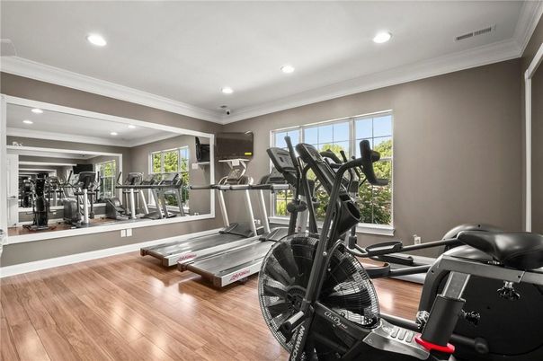 Fitness Equipment, Gym, Interior, Recessed Lighting, Wood Texture Flooring