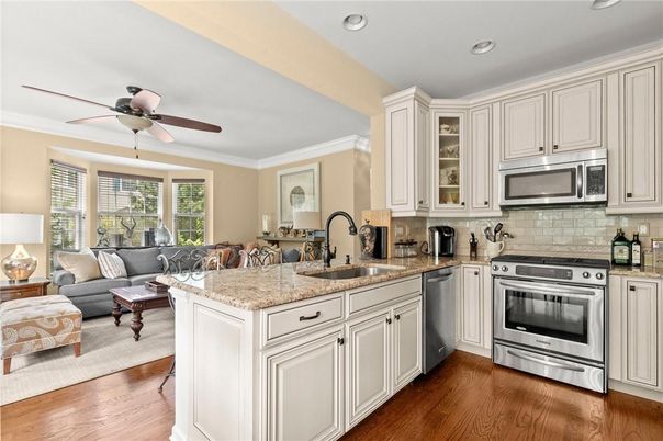 Interior, Kitchen, Living room, Recessed Lighting, Stainless Steel Appliances, Wood Texture Flooring