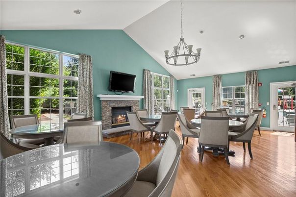 Chandelier, Dining room, Fireplace, Interior, Pendant Lights, Wood Texture Flooring