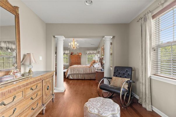 Bedroom, Chandelier, Interior, Wood Texture Flooring