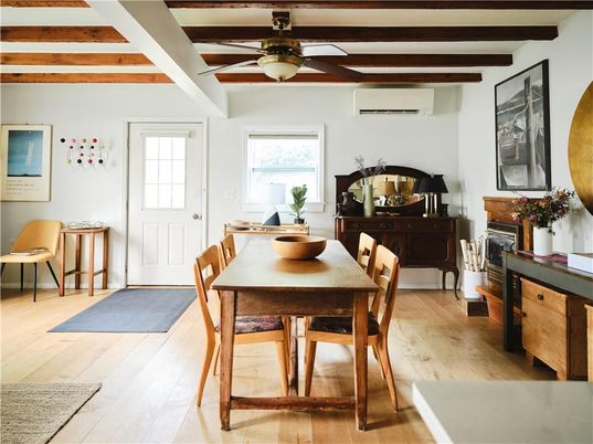 Dining room, Fireplace, Interior, Wooden Beams, Wood Texture Flooring