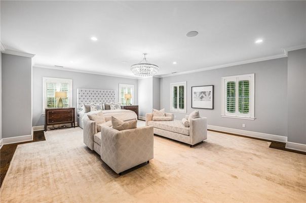 Bedroom, Chandelier, Interior, Living room, Recessed Lighting, Wood Texture Flooring
