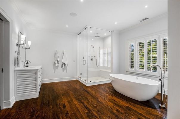 Bathroom, Free Standing Baths, Glass Shower, Interior, Recessed Lighting, Wood Texture Flooring