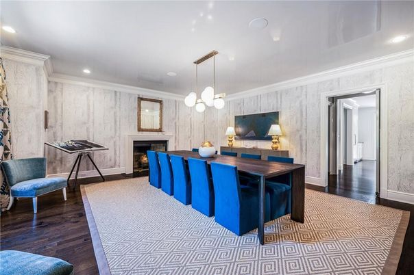 Dining room, Fireplace, Interior, Pendant Lights, Recessed Lighting, Wood Texture Flooring