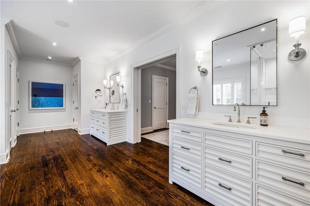 Bathroom, Dual Sink Vanities, Interior, Recessed Lighting, Wood Texture Flooring