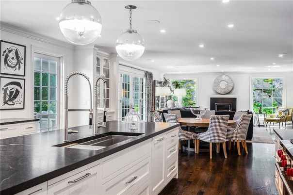 Dining room, Fireplace, Interior, Kitchen, Pendant Lights, Recessed Lighting, Wood Texture Flooring